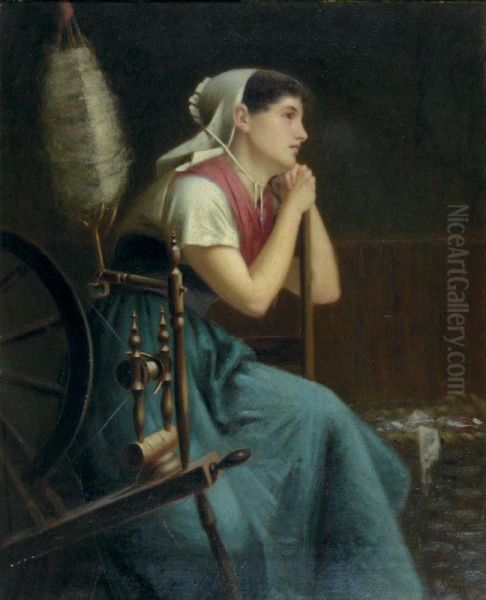 Young Woman At A Spinning Wheel Oil Painting by William Morgan