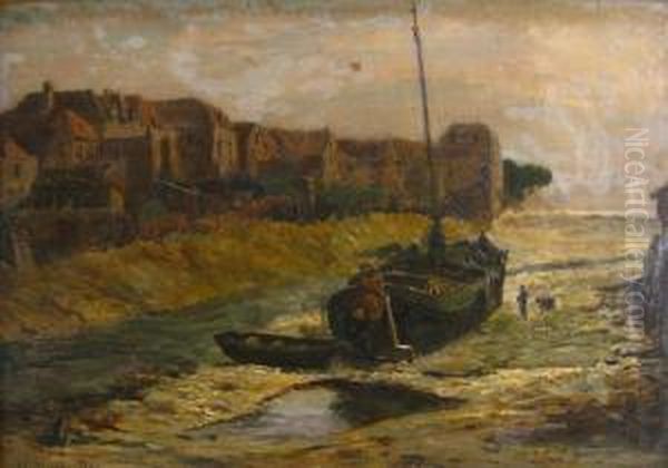 Barge Aground At Low Tide Oil Painting by Friedrich Ernst Morgenstern