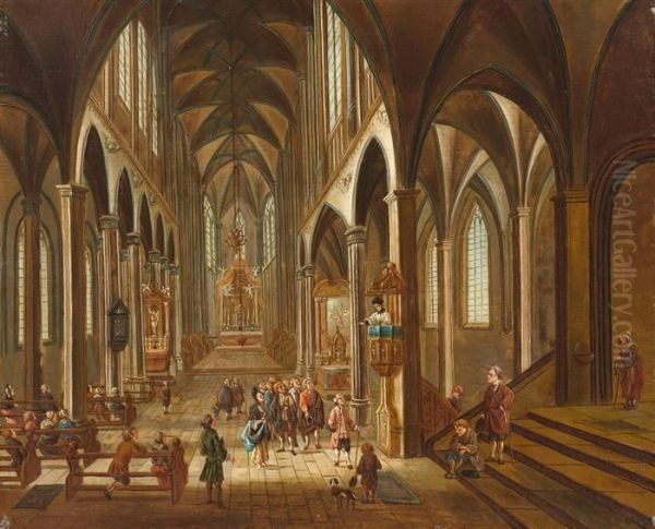 Church Interior With Figures. Oil Painting by Johann Friedrich Morgenstern