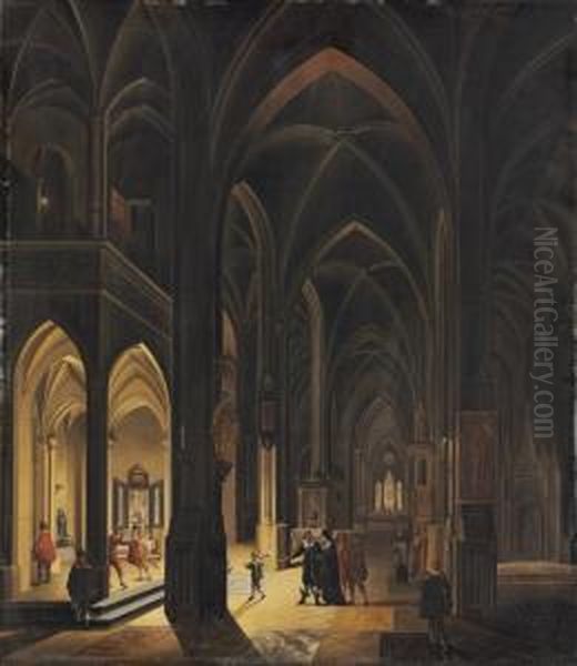 The Interior Of A Gothic Cathedral By Torch- And Candlelight Oil Painting by Johann Ludwig Ernst Morgenstern