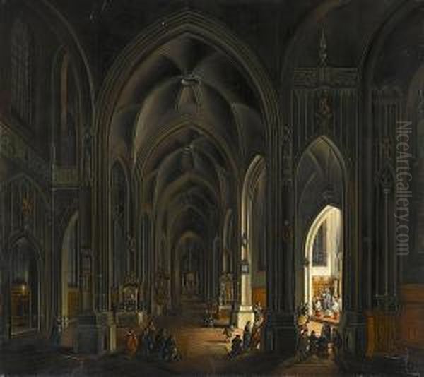 A Church Interior With Figures Before A Candlelit Chapel Oil Painting by Johann Ludwig Ernst Morgenstern