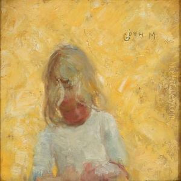 A Little Blonde Girl Ina White Dress Oil Painting by Goth Moricz