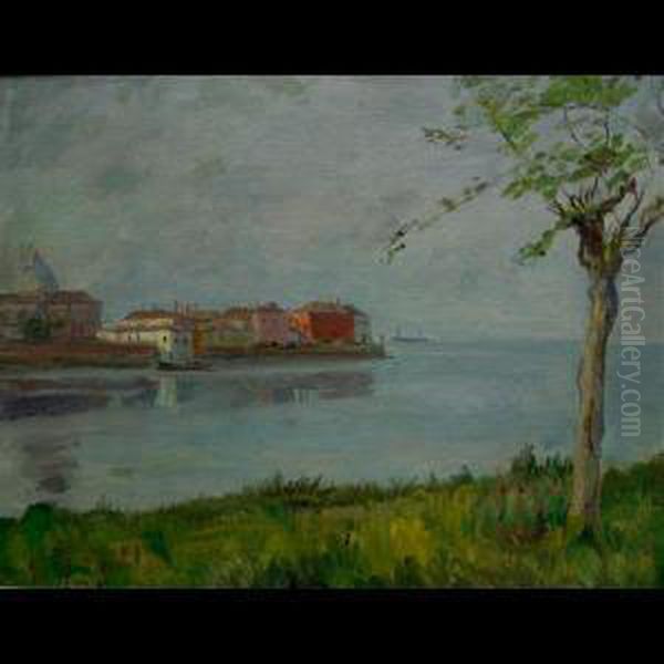 Evening Lake Scene With Buildings Oil Painting by Goth Moricz