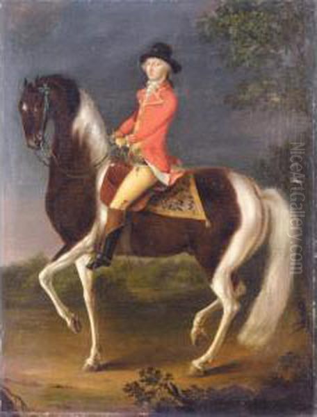 An Equestrian Portrait Of A Gentleman Wearing A Scarlet Coat Riding A Skewbald Hunter Oil Painting by David Morier