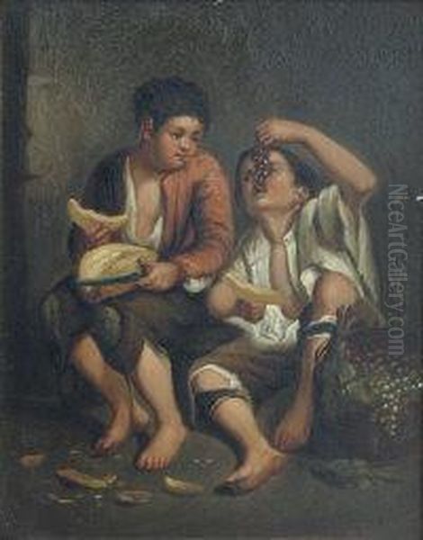 Street Urchins Eating Melon And Grapes Oil Painting by Jose Morillo Ferradas