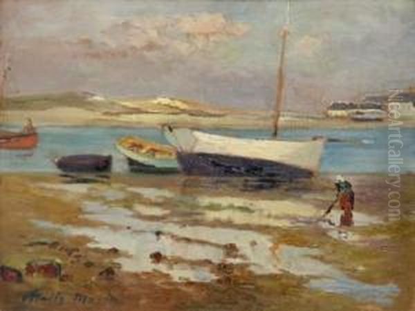 Navires Echoues Dans La Baie Oil Painting by Vitalis Morin