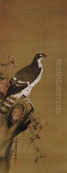 Hawk On A Branch 
Hanging Scroll Oil Painting by Tsuruzawa Moriteru