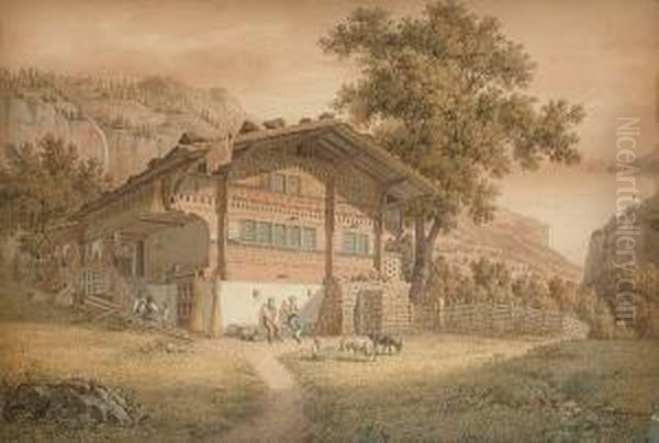 Figures Before A Chalet Oil Painting by Friedrich Wilhelm Moritz