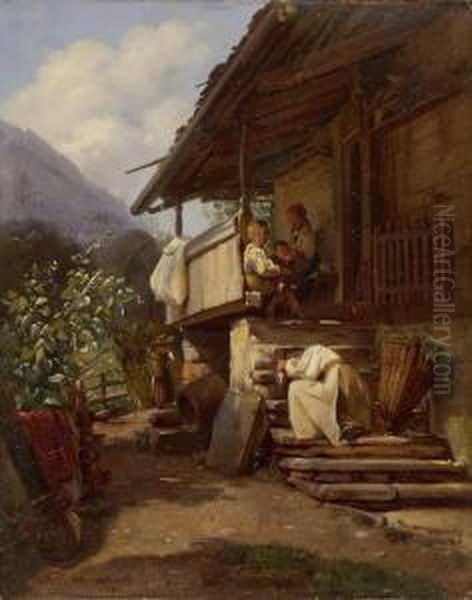 Vor Einem Bauernhaus Eine Auf Den Stufen Ruhende Junge Frau Und Drei Kinder Oil Painting by William Moritz