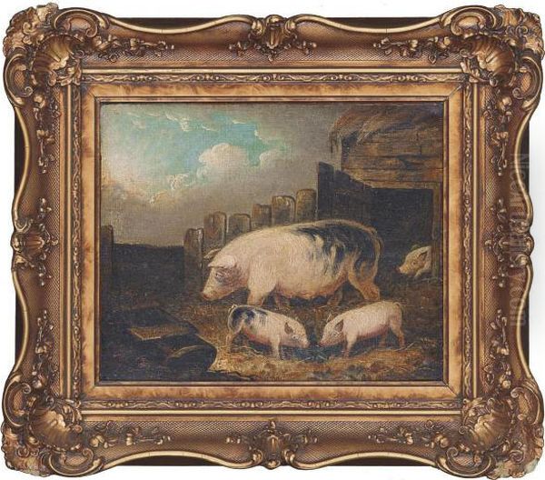 Sow With Piglets In A Yard Oil Painting by George Morland