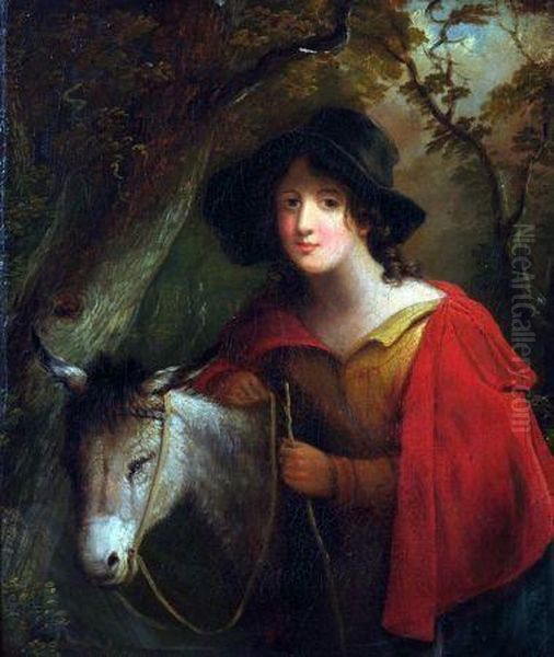 Young Lady With Donkey In Wooded Landscape Oil Painting by George Morland