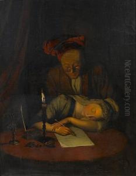 A Young Woman Asleep At Her Desk, An Elderly Man Looking On Oil Painting by Henry Robert Morland