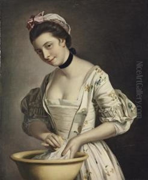 A Lady's Maid Soaping Linen Oil Painting by Henry Robert Morland