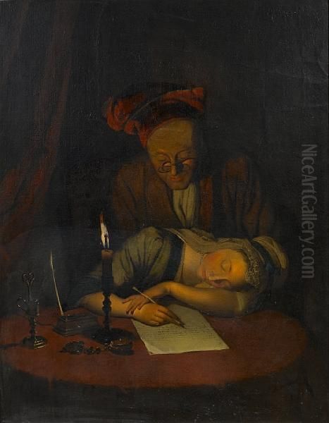 A Young Woman Asleep At Her Desk, An Elderlyman Looking On Oil Painting by Henry Robert Morland