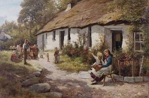 Young Woman And Child Seated Before A Thatched Cottage, With Musician Playing To A Group Of Children And A Dog, 1885 Oil Painting by James Smith Morland