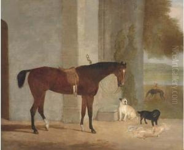 A Dark Brown Horse Tethered To An Arch With Dogs In Alandscape Oil Painting by George Morley