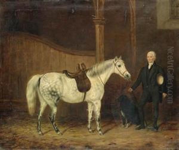 A Saddled Grey Hunter, With A Gentleman And A Dog In A Stable Oil Painting by George Morley