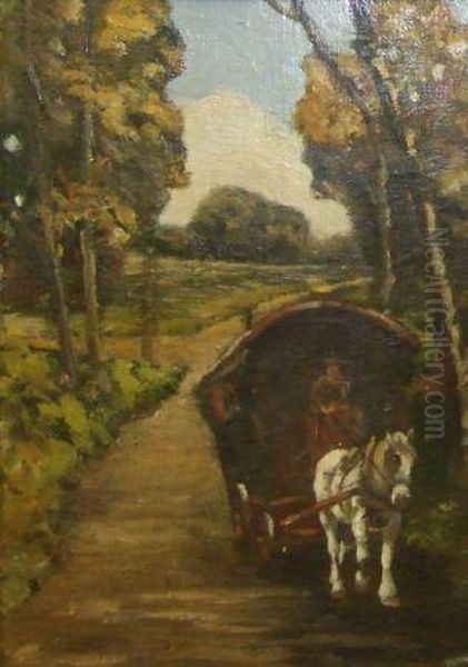 Gypsy Caravan In Country Road Oil Painting by Henry Morley