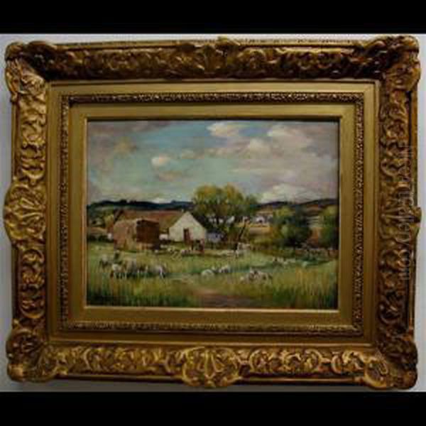 Farmscape With Sheep Oil Painting by Henry Morley