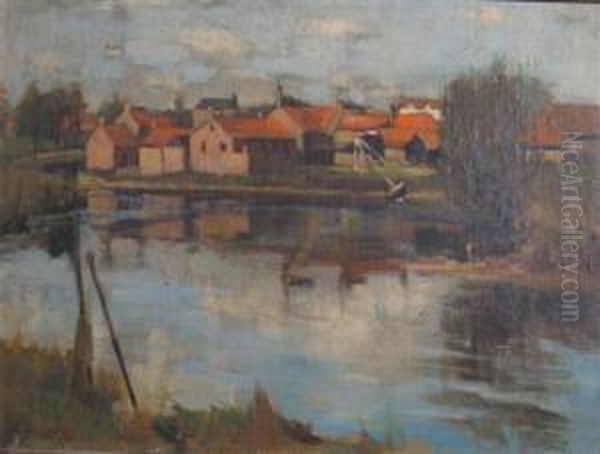 Houses Along A Canal Oil Painting by Henry Morley