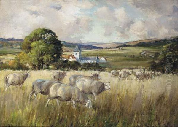 Sheep Grazing Oil Painting by Henry Morley