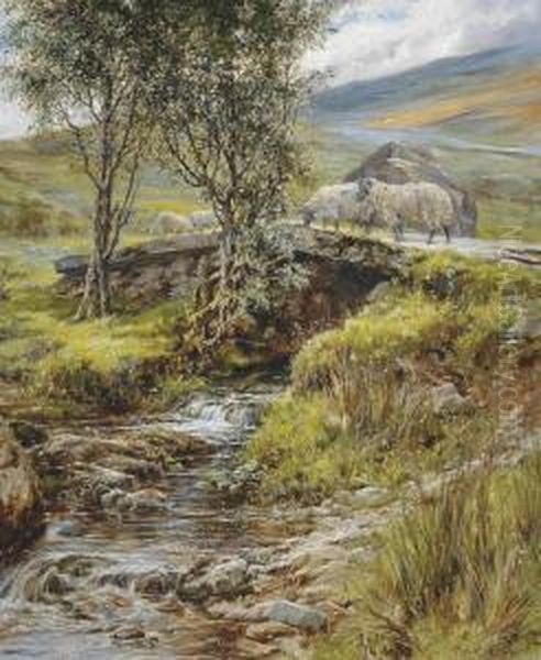 Sheep On A Stone Bridge Oil Painting by Robert Morley