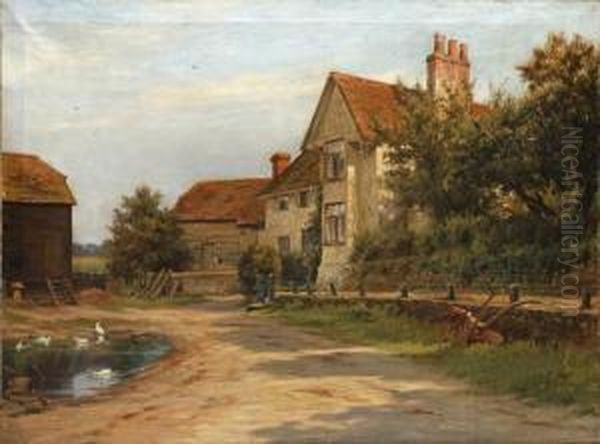 Farm Bulding And A Pond Oil Painting by Robert Morley