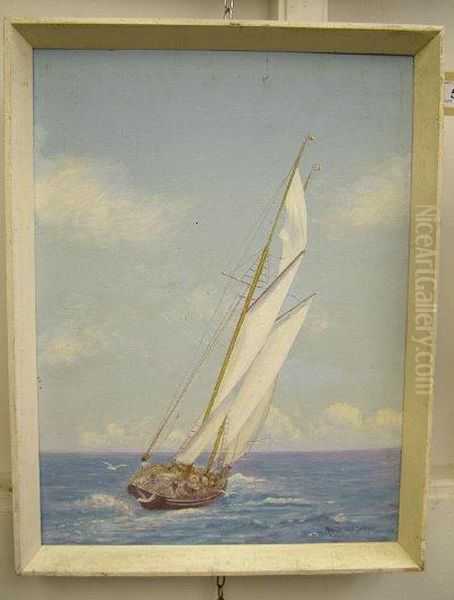 A Gaff-rigged Fishing Boat Sailing In A Stiff Breeze Oil Painting by Robert Morley