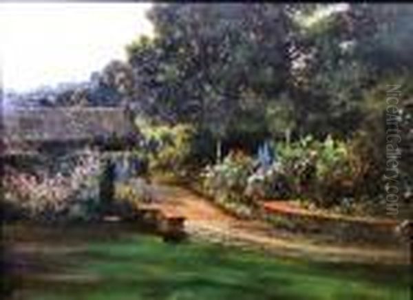 English Garden Scene Oil Painting by Robert Morley