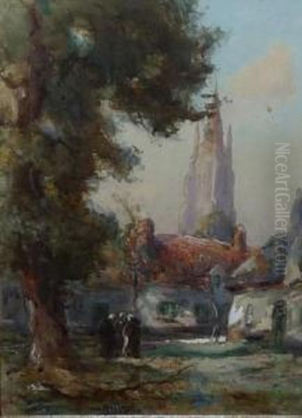 Figures Before A Cottage And A Church Oil Painting by Thomas William Morley