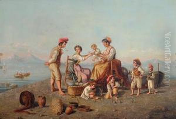 Famigliola Di Pescatori Sullo Sfondo Del Vesuvio Oil Painting by Gaetano Mormile