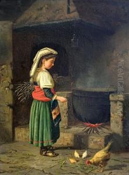 Junges Madchen, Huhner Futternd Oil Painting by Gaetano Mormile