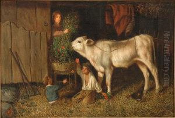 Calf And Children In A Byre Oil Painting by Gaetano Mormile