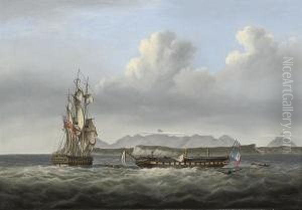 San Fiorenzo
 And The Defeated French Frigate 
Piemontaise Oil Painting by Charles Augustus Jnr Mornewick