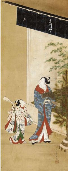 Courtesan And Attendant Playing Shuttlecock Oil Painting by Moromasa