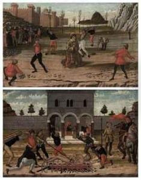 The Stoning Of Saint Stephen; And The Martyrdom Of Saint Lawrence -panels From A Predella Oil Painting by Domenico Morone