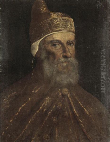 Portrait Of A Doge, Head And Shoulders, Probably Doge Francesco Donato (1468-1553) Oil Painting by Domenico Morone