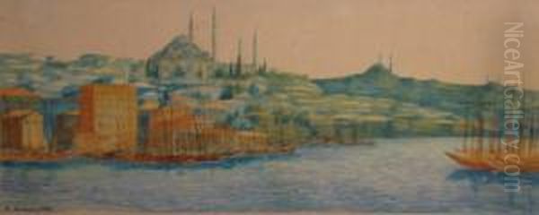 Views Of Istanbul ( Constantinople ) From Across The Bay With Minarets To Skyline Oil Painting by Alexandre Morosoff