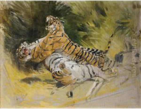 Deux Tigres Combattant Oil Painting by Aime Morot