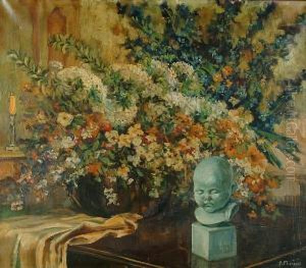 Vase Of Flowers With Statue Oil Painting by Rene Morren