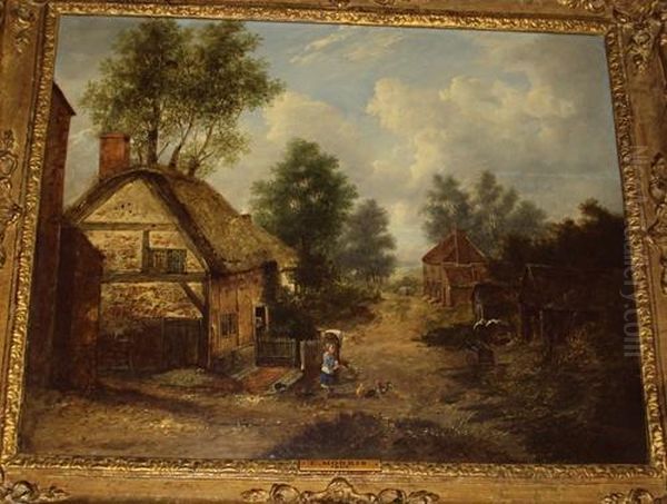 A Village Lane With Girl Feeding Hens Oil Painting by Charles Morris