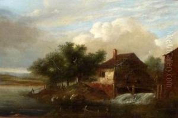 Figure Before An Old Watermill Oil Painting by Charles Morris