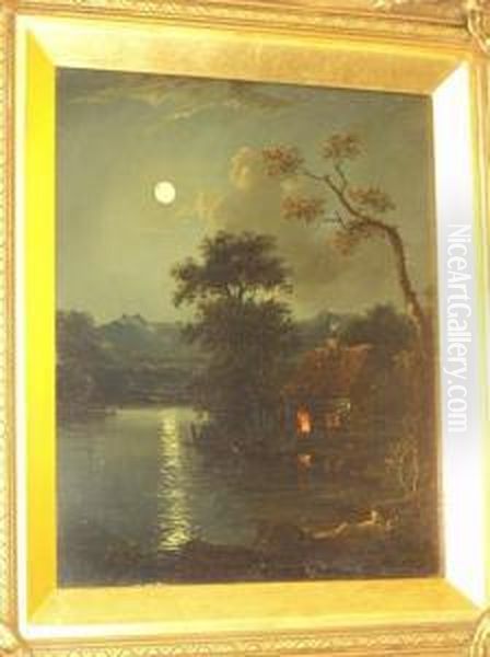 Moonlit River Scene With Cottage On The Riverbank, Together With Another, Coastal Scene With Fisherfolk Atsunset, A Pair Oil Painting by Charles Morris