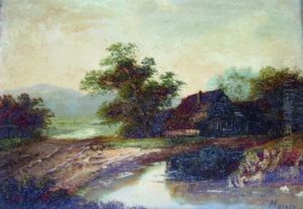 Old Barn By A Country Pool Oil Painting by Charles Morris