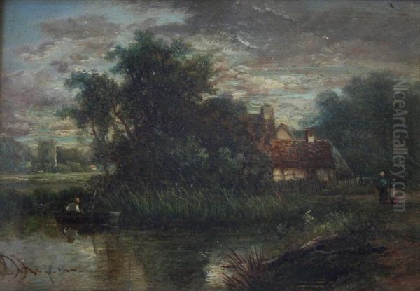 Figure In A Punt Near Cottages, Two Figures On A Path Nearby Oil Painting by Charles Greville Morris