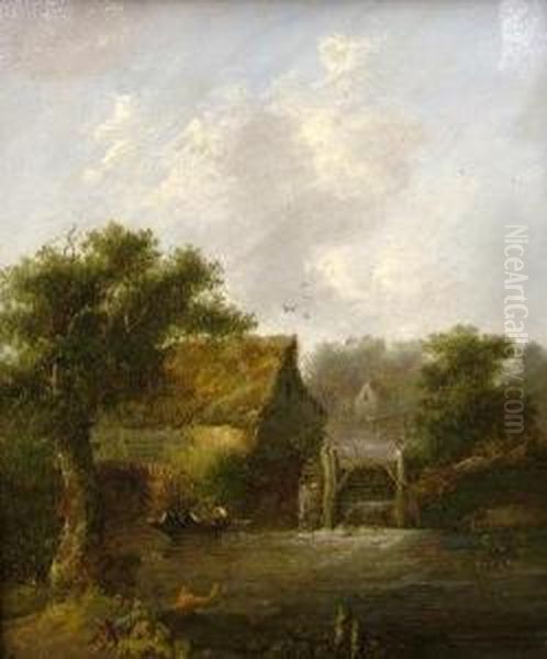 River Landscape With Watermill Oil Painting by Charles I Morris