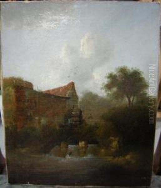 A Water Mill; And Figures On A Road Across A Heath Both Oil Painting by Charles I Morris