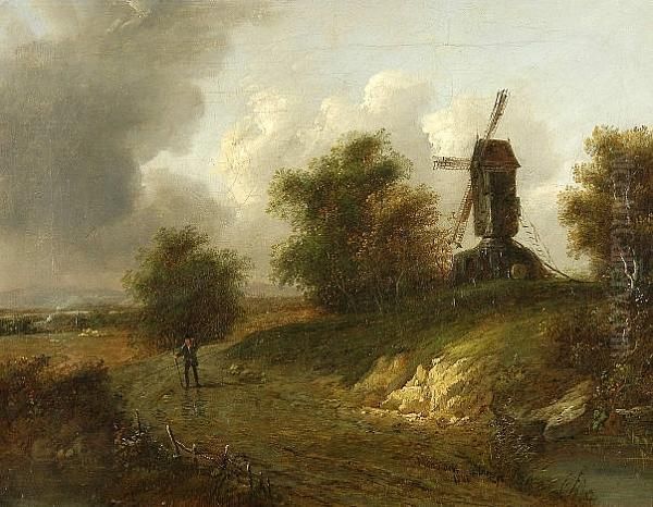 Figure On A Road Before A Post Mill Oil Painting by Charles I Morris