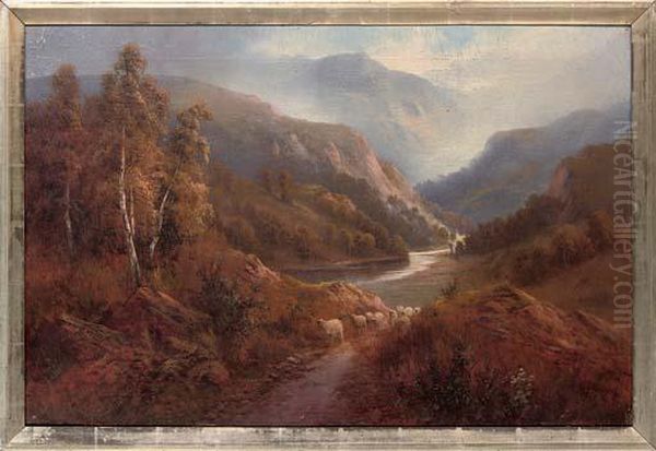 Sheep On A Beaten Track, A River And Mountains Beyond; And Returning Home Oil Painting by Clement Morris