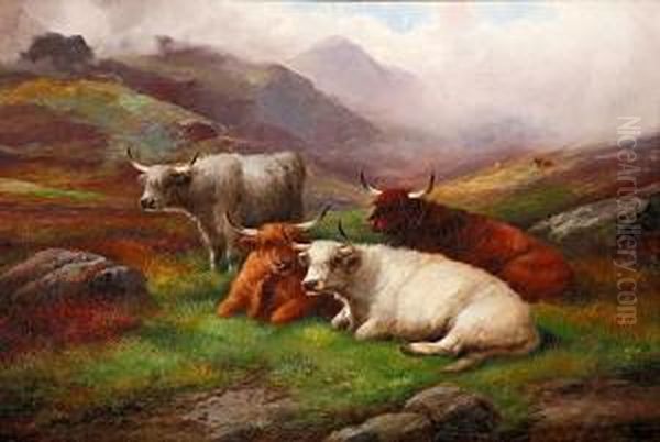 Vacas De Las Highlands En Un Paisaje Demoorland Oil Painting by James Charles Morris